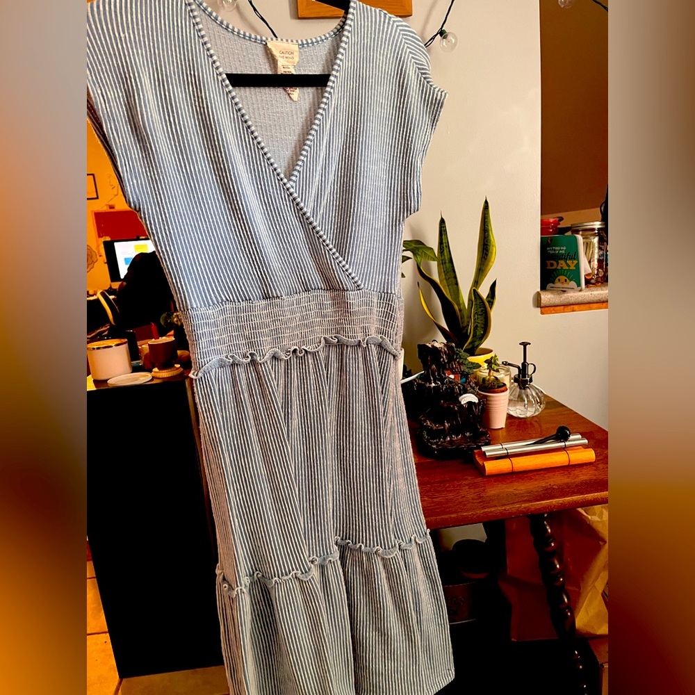 Caution to the Wind, Small midi dress, blue and white striped, cinched waist.